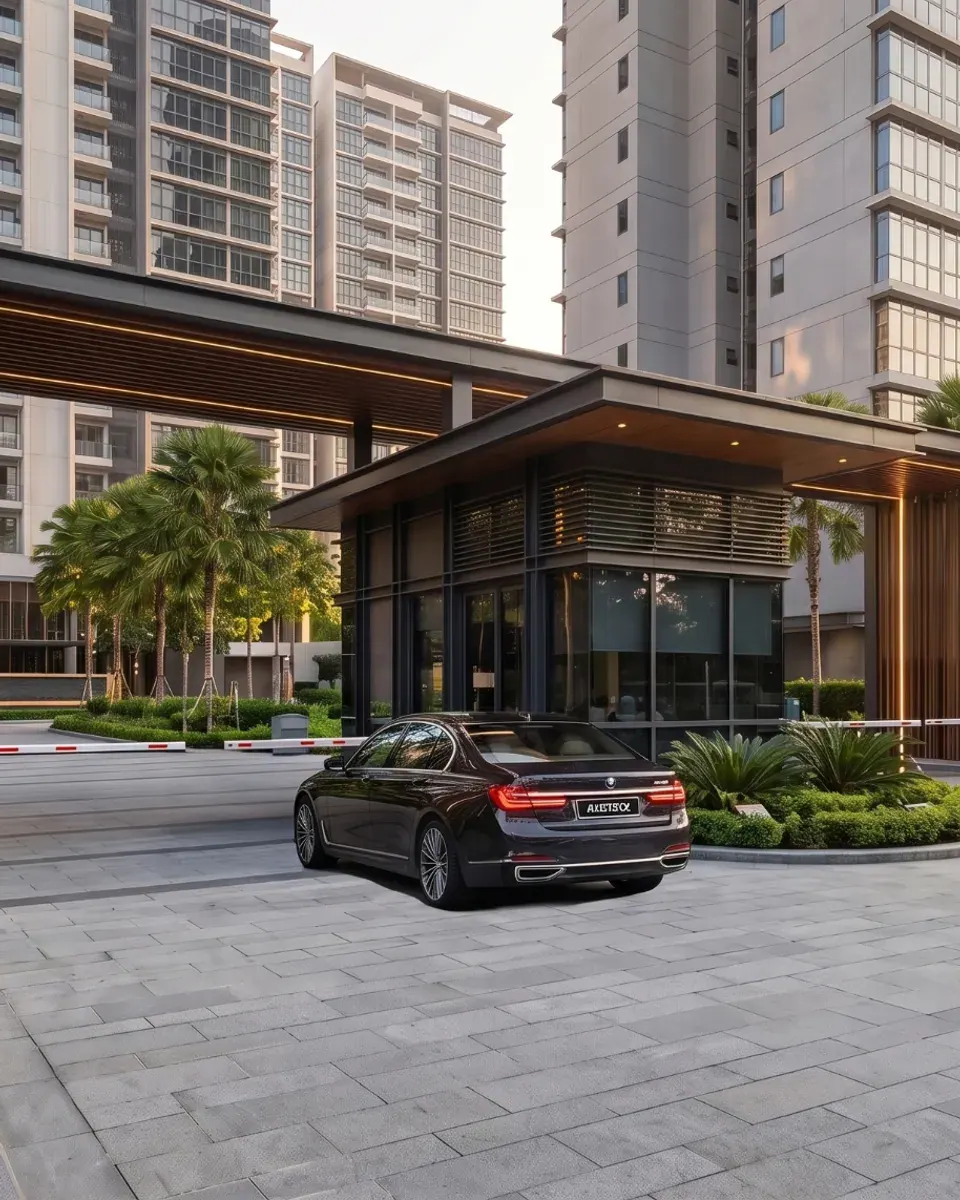 Residential entrance with a guardhouse and vehicle access barriers