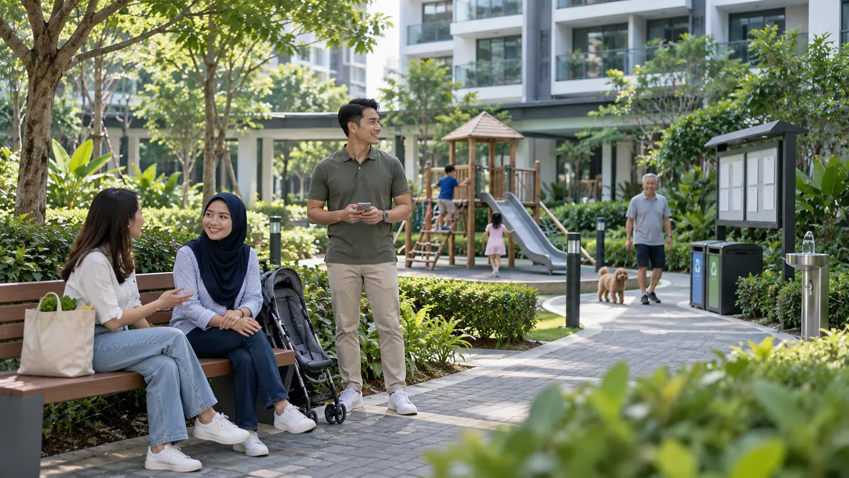 Residents sharing a landscaped community courtyard