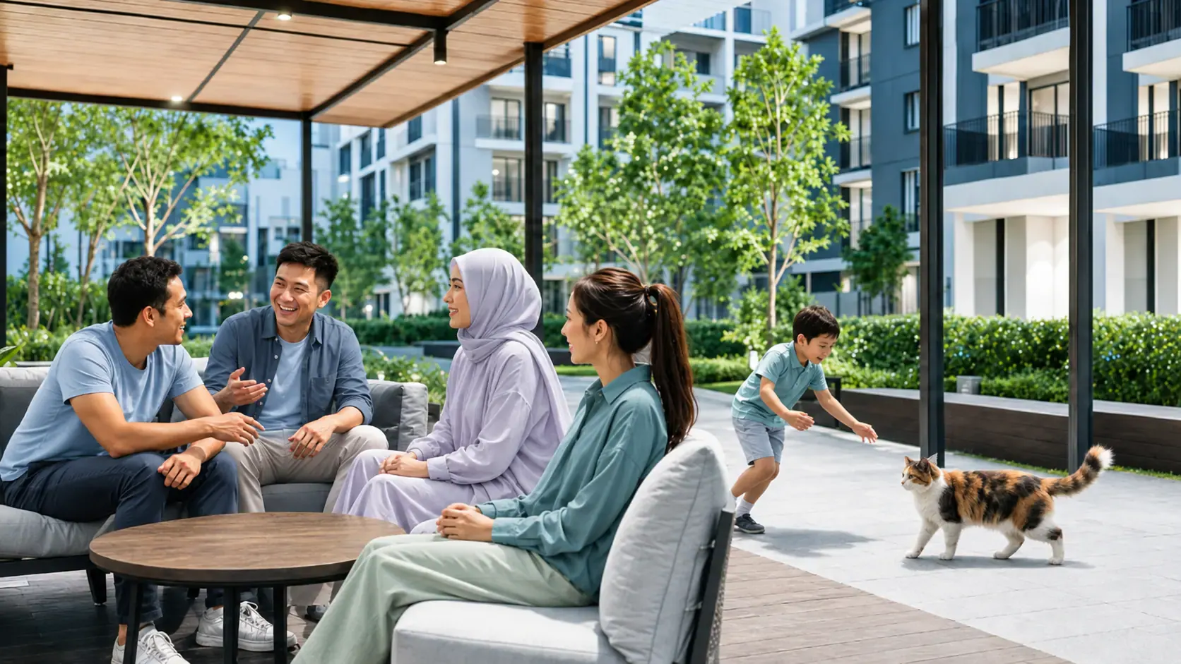 A community sharing a landscaped residential courtyard
