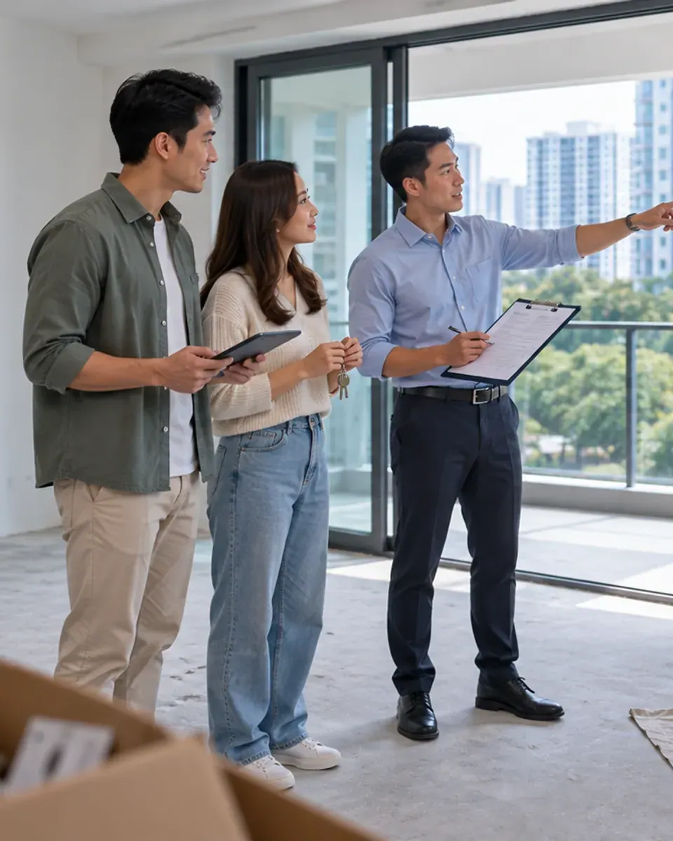 Residents reviewing a new unit with a property representative