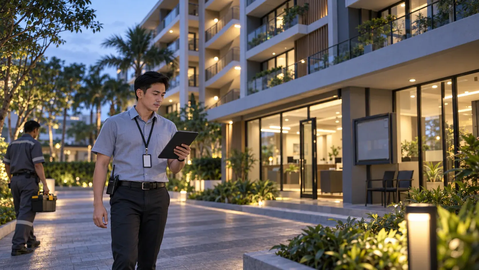 Property manager checking a tablet on an evening walk-through